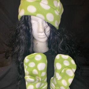 Hand Crafted Green and White Beanie Hat Set